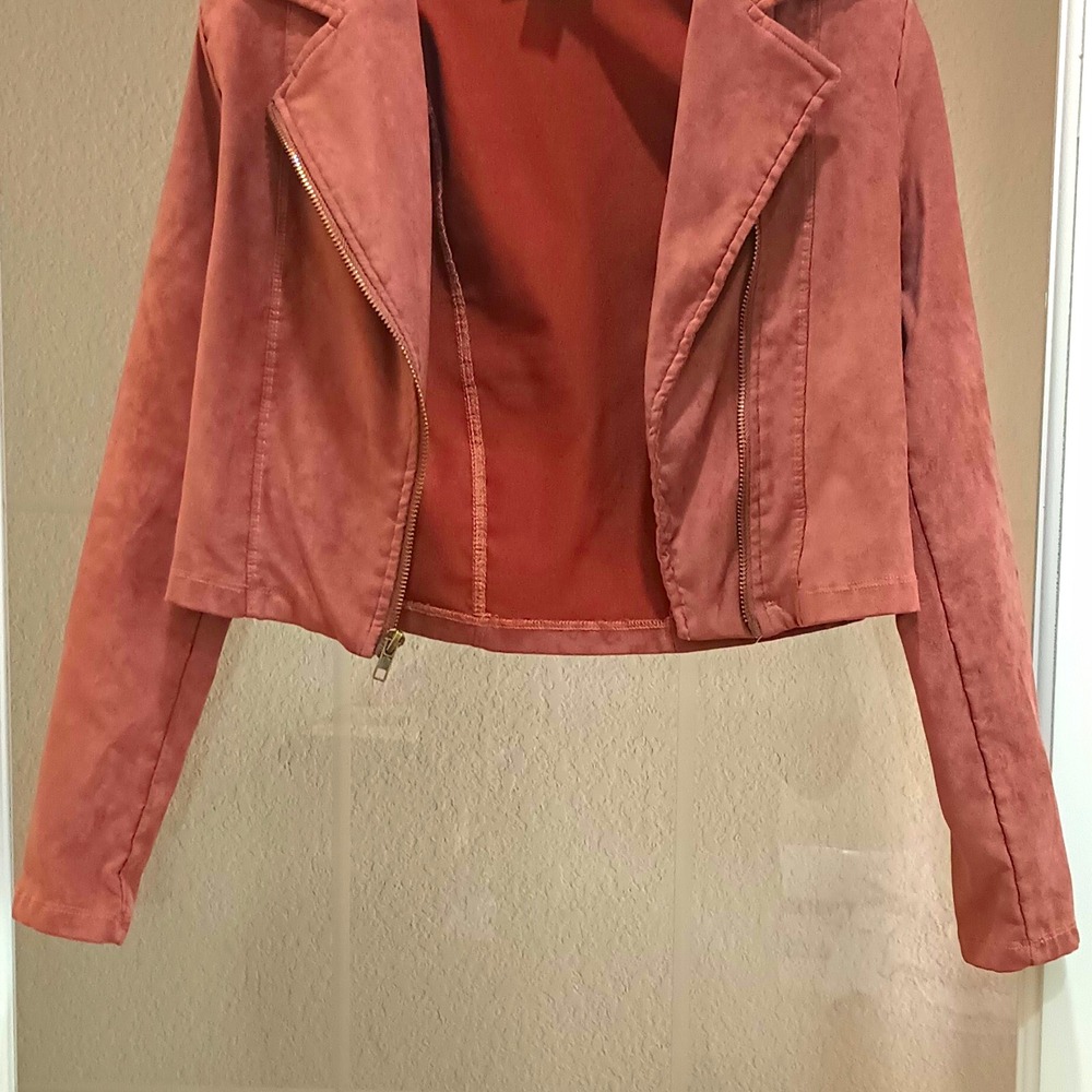 Knitworks Womens Pink Faux Suede Biker Jacket Size 14 Short Cropped Zip Front